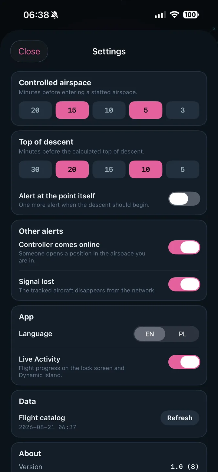 NextLeg settings screen with alert thresholds and toggles