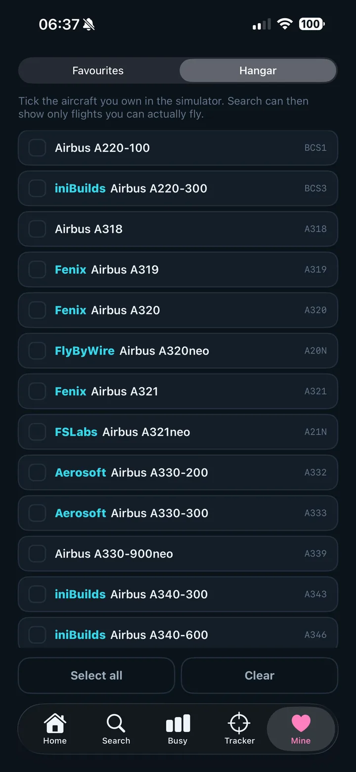 NextLeg hangar screen with a list of add-on aircraft to tick