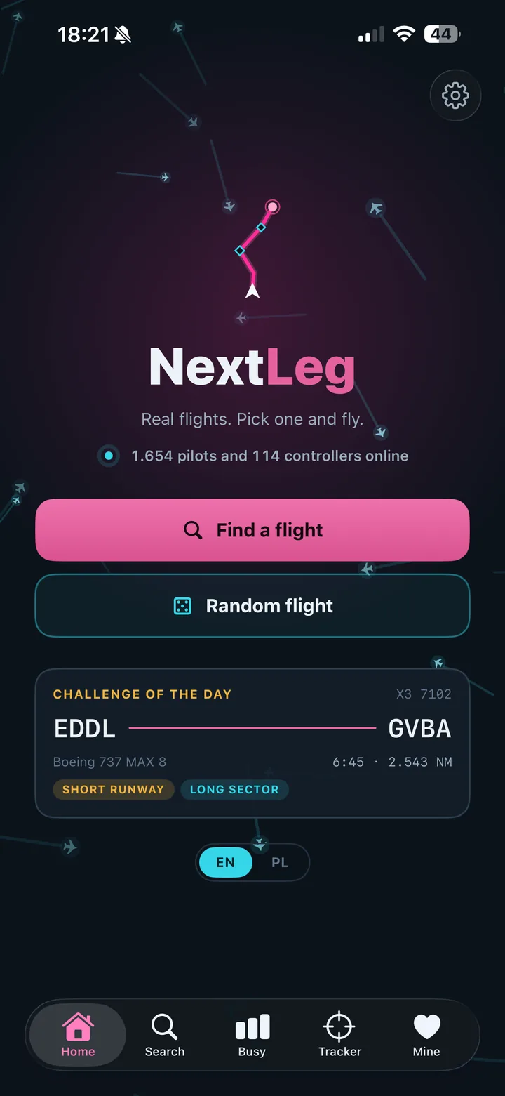NextLeg home screen with Random flight button and Challenge of the day
