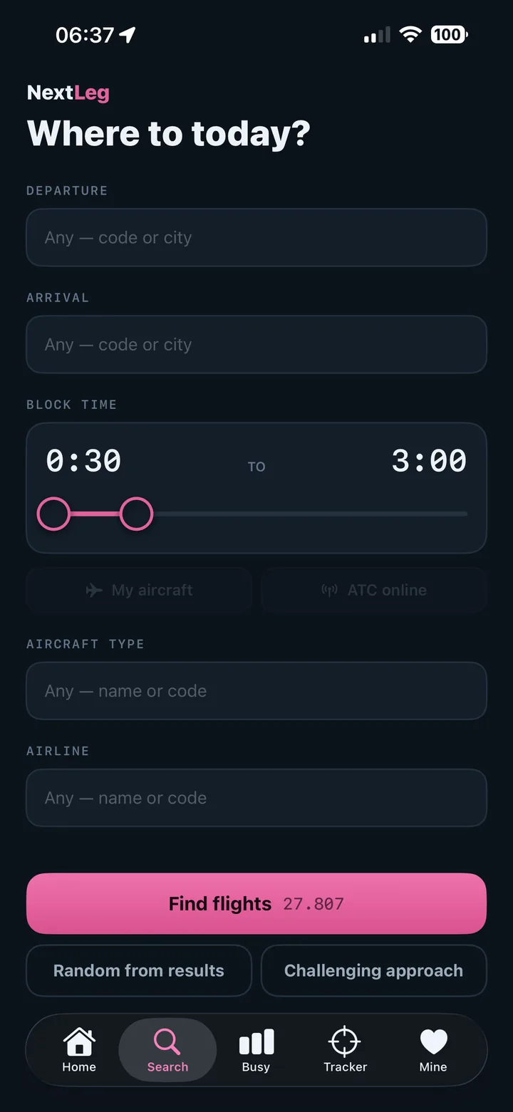 NextLeg search screen with block time slider and filters
