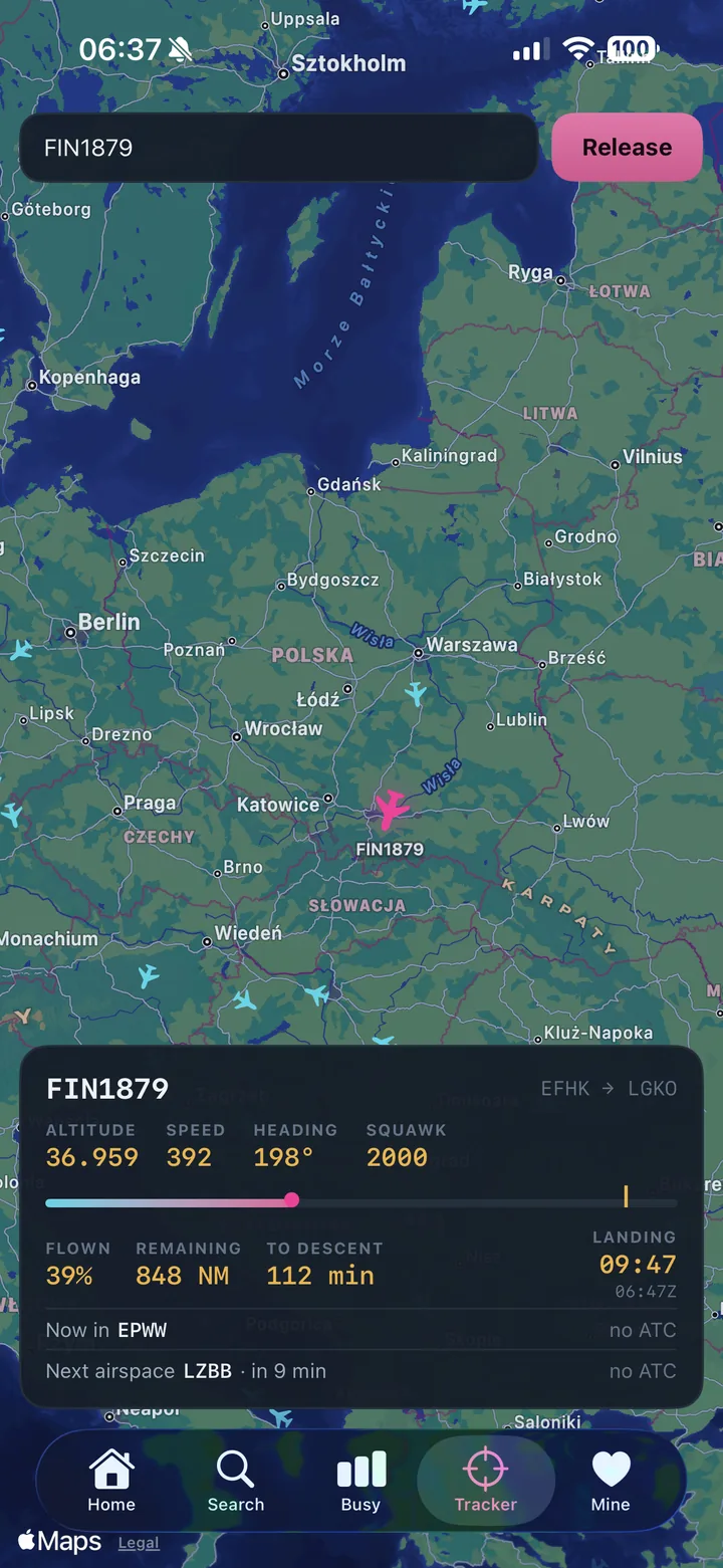 NextLeg live tracker with a flight over Poland and airspace panel