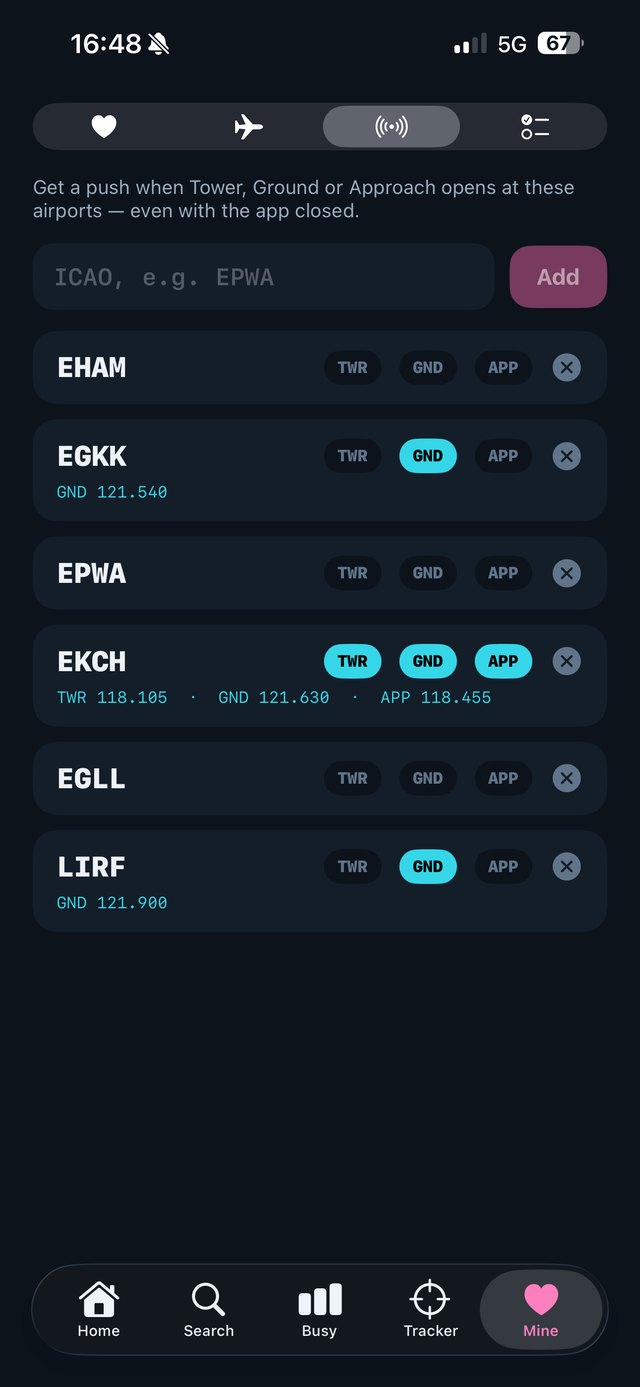 Watchlist with live ATC badges